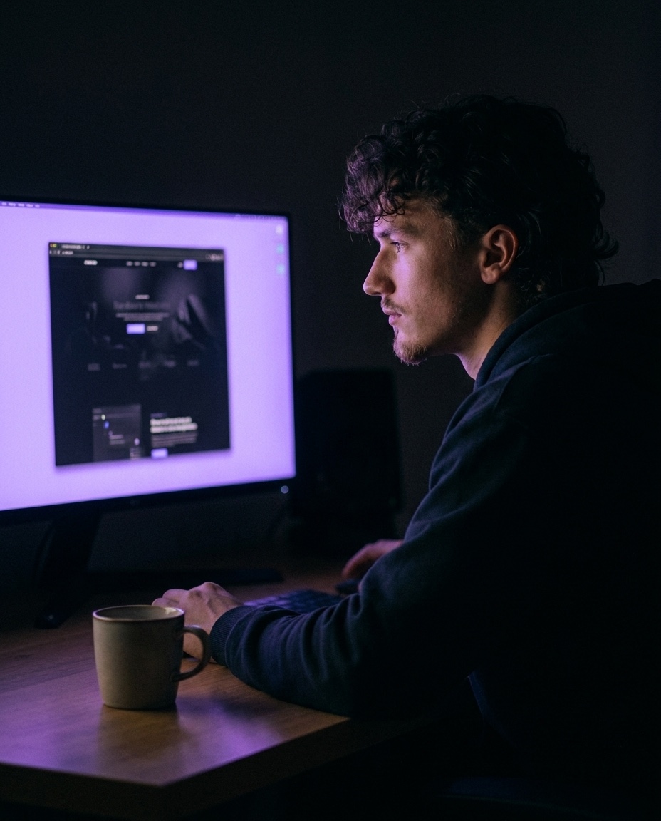 Ruben Verhaegen aan het werk in het donker, verlicht door een paarse monitorgloed